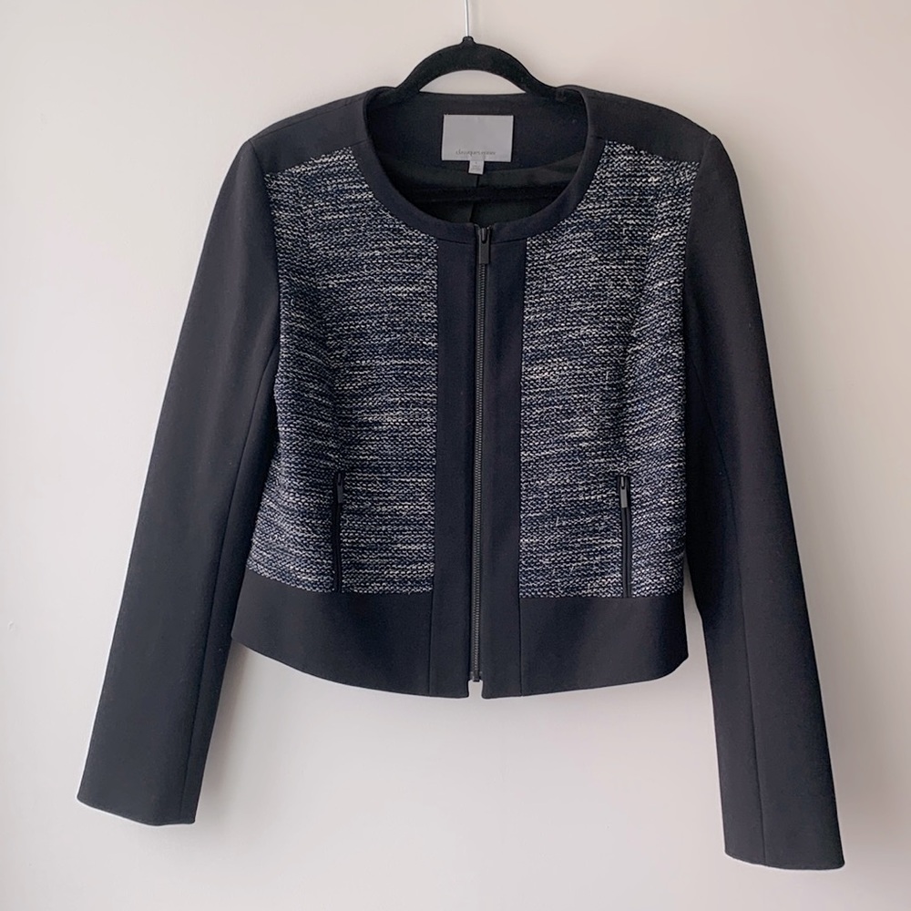 Classiques Entier L Cropped Tweed Collarless Blazer Jacket Black Blue Colorblock